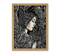 Artery8 Woman with Crow in a Field Black and White Linocut Artwork Framed Wall Art Print 18X24 Inch