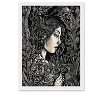 Artery8 Woman with Crow in a Field Black and White Linocut Artwork Framed Wall Art Print A4