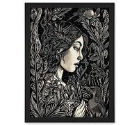 Artery8 Woman with Crow in a Field Black and White Linocut Artwork Framed Wall Art Print A4