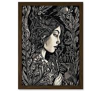 Artery8 Woman with Crow in a Field Black and White Linocut Artwork Framed Wall Art Print A4