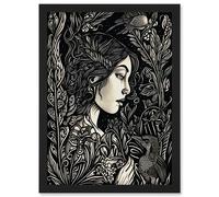Artery8 Woman with Crow in a Field Black and White Linocut Artwork Framed Wall Art Print A4