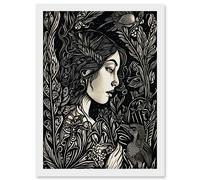 Artery8 Woman with Crow in a Field Black & White Linocut Artwork Framed Wall Art Print A4 Artery8 White