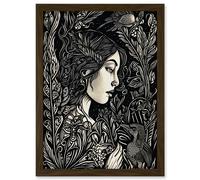 Artery8 Woman with Crow in a Field Black & White Linocut Artwork Framed Wall Art Print A4 in Brown Artery8 Brown