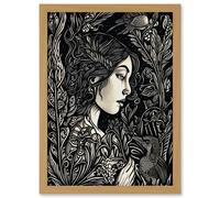 Artery8 Woman with Crow in a Field Black & White Linocut Artwork Framed Wall Art Print A4 in Light Oak Artery8 Light Oak
