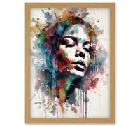 Woman with Synesthesia Listening to Music Modern Paint Splatter Painting Artwork Framed Wall Art Print A4 Artery8 Light Oak One Size