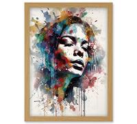 Woman with Synesthesia Listening to Music Modern Paint Splatter Painting Artwork Framed Wall Art Print A4 Artery8 Light Oak One Size