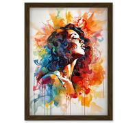 Woman with Synesthesia Listening to Rainbow Colour Music Modern Watercolour Painting Artwork Framed Wall Art Print A4 Artery8 Brown One Size
