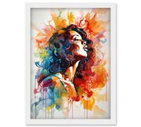 Woman with Synesthesia Listening to Rainbow Colour Music Modern Watercolour Painting Artwork Framed Wall Art Print A4 Artery8 White One Size
