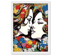 Artery8 Women in Love Vibrant Colourful Floral Pattern LGBTQ Pan Spring Flower Halftone Artwork Framed Wall Art Print A4