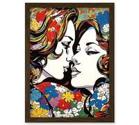Artery8 Women in Love Vibrant Colourful Floral Pattern LGBTQ Pan Spring Flower Halftone Artwork Framed Wall Art Print A4