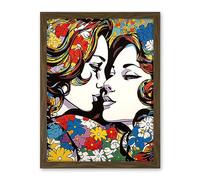 Artery8 Women in Love Vibrant Colourful Floral Pattern LGBTQ Pan Spring Flower Halftone Artwork Framed Wall Art Print 18X24 Inch