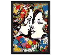 Artery8 Women in Love Vibrant Colourful Floral Pattern LGBTQ Pan Spring Flower Halftone Artwork Framed Wall Art Print A4