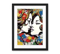 Artery8 Women in Love Vibrant Colourful Floral Pattern LGBTQ Pan Spring Flower Halftone Artwork Framed Wall Art Print 18X24 Inch