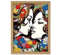 Artery8 Women in Love Vibrant Colourful Floral Pattern LGBTQ Pan Spring Flower Halftone Artwork Framed A3 Wall Art Print