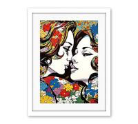 Artery8 Women in Love Vibrant Colourful Floral Pattern LGBTQ Pan Spring Flower Halftone Artwork Framed Wall Art Print 18X24 Inch