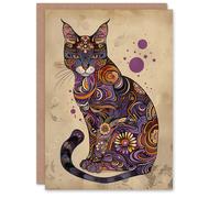 Artery8 Abyssinian Cat Lover Purple Orange Pattern Folk Art For Her Woman Birthday Card