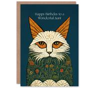 Artery8 Women's Aunt Happy Birthday Card Magnificent Moggie William Morris Style Elegant Retro Cat For Her Greeting Card in Navy Artery8 Navy