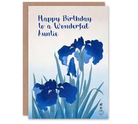 Artery8 Auntie Happy Birthday Card Beautiful Elegant Blue Iris Flower Painting Floral Blooms For Her Greeting Card