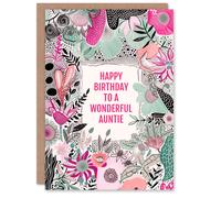 Artery8 Women's Auntie Happy Birthday Card Elegant Modern Boho Wildflowers Pink Flowers For Her Greeting Card Artery8 Pink