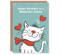 Artery8 Auntie Happy Birthday Card Happy White Cat In Scarf Drawing Love Hearts For Her Greeting Card