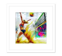 Artery8 Women's Beach Volleyball Match Action Shot Modern Abstract Colourful Oil Paint Square Wooden Framed Wall Art Print Picture 8X8 Inch in White Artery8 White