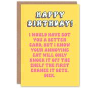 Artery8 Women's Birthday Card Annoying Cat Knock Down Fun Funny Humour Joke For Her Gran Sister Niece Daughter Wife Woman Greeting Card in Yellow Artery8 Yellow