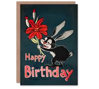 Artery8 Women's Birthday Card Black Hare Rabbit with Flower Cartoon For Her Gran Sister Niece Daughter Wife Greeting Card in Dark Navy Artery8 Dark Navy