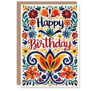 Artery8 Women's Birthday Card Bright Floral Letterpress Pattern For Her Gran Sister Niece Daughter Wife Greeting Card Artery8 Multicolor