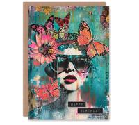 Artery8 Birthday Card Collage Butterflies Sunglasses Portrait For Her Gran Sister Niece Daughter Wife Woman Greeting Card