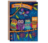 Artery8 Birthday Card Cute Owls Flowers Butterfly Folk Art Patterns For Her Gran Sister Niece Daughter Wife Woman Greeting Card