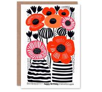 Artery8 Women's Birthday Card Poppy Flowers in Vase Modern Folk Art For Her Gran Sister Niece Daughter Wife Greeting Card in Red Artery8 Red