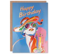 Artery8 Women's Birthday Card Portrait with Candles Psychedelic Pop Art For Her Gran Sister Niece Daughter Wife Greeting Card in Blue Artery8 Blue