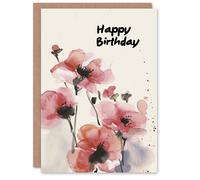 Artery8 Birthday Card Red Anemone Flowers Floral Watercolour For Her Gran Sister Niece Daughter Wife Woman Greeting Card