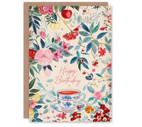 Artery8 Birthday Card Tea Cup Flower Pattern Floral Painting For Her Gran Sister Niece Daughter Wife Woman Greeting Card