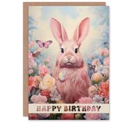 Artery8 Birthday Greeting Card Pink Bunny Rabbit Butterfly Flowers For Her