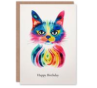 Artery8 Birthday Greeting Card Trippy Rainbow Cat Illustration For Her