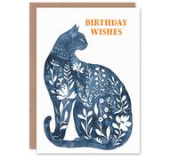 Artery8 Boho Wishes Floral Blue Cat Lover Watercolour For Her Woman Birthday Card