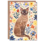 Artery8 Burmese Cat Lover Colourful Boho Floral Portrait For Her Woman Birthday Card