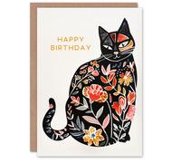 Artery8 Cat Lover Floral Pattern Pet Silhouette Folk Art For Her Woman Birthday Card