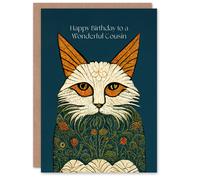 Artery8 Cousin Happy Birthday Card Magnificent Moggie William Morris Style Elegant Retro Cat For Her Greeting Card