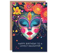 Artery8 Women's Daughter Happy Birthday Card Floral Headdress Love Hearts Flowers Venetian Mask For Her Greeting Card in Navy Artery8 Navy