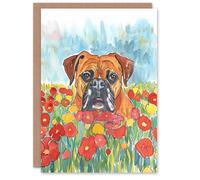 Artery8 Dog Lover Pet Boxer in Flower Field Watercolour For Her Woman Birthday Card