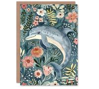 Artery8 Dolphin in a Sea of Flowers Watercolour Folk Art For Her Woman Birthday Card