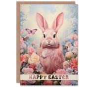 Artery8 Easter Greeting Card Pink Bunny Rabbit Butterfly Flowers For Her