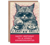 Artery8 Women's Granddaughter Happy Birthday Card DJ Moggie Retro Cool Cat On Decks Fun Funny For Her Greeting Card in Red Artery8 Red