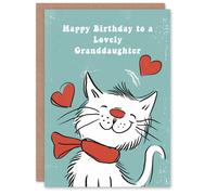 Artery8 Granddaughter Happy Birthday Card Happy White Cat In Scarf Drawing Love Hearts For Her Greeting Card