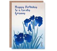 Artery8 Granny Happy Birthday Card Beautiful Elegant Blue Iris Flower Painting Floral Blooms For Her Greeting Card