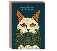 Artery8 Granny Happy Birthday Card Magnificent Moggie William Morris Style Elegant Retro Cat For Her Greeting Card