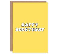 Artery8 Greeting Card Happy Beerthday Beer Pun Simple Retro Yellow Blank For Him Or Her Art Birthday Card