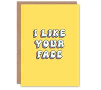 Artery8 Greeting Card I Like Your Face Bright Fun Retro Yellow For Her Wife Woman Girlfriend Birthday Card
